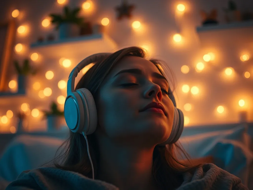 Osoba w słuchawkach relaksuje się nocą w przytulnej sypialni, ilustrując kojące działanie dźwięków ASMR.
