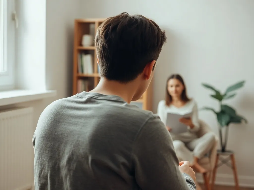 Osoba na terapii siedzi naprzeciw terapeuty w przytulnym gabinecie, atmosfera spokoju i zaufania.