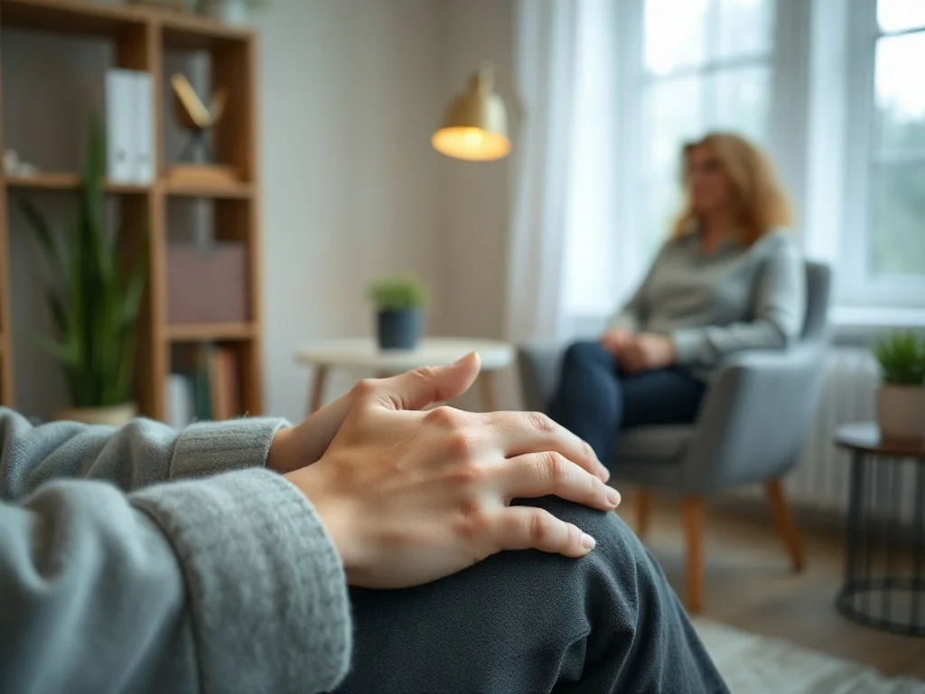 Osoba siedząca spokojnie w gabinecie terapeutycznym EMDR, zrelaksowane dłonie na kolanach, terapeuta w tle.