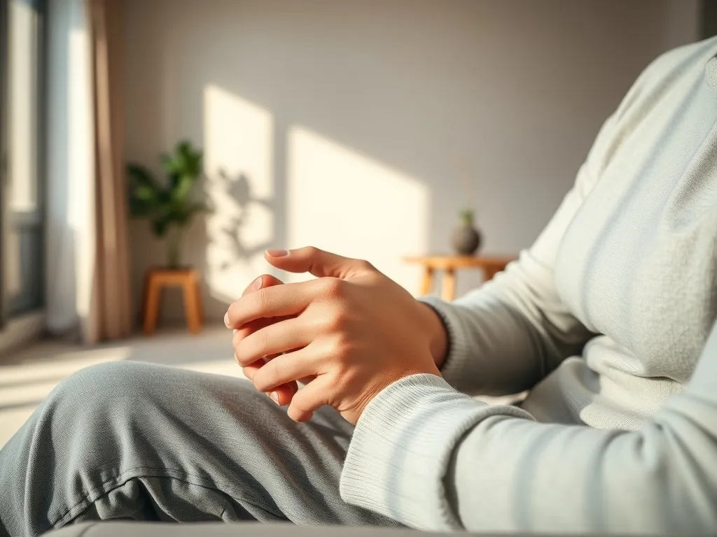 Osoba siedząca na kanapie z napiętymi dłońmi na kolanach, w spokojnym, uporządkowanym wnętrzu sprzyjającym rozmowie o OCD